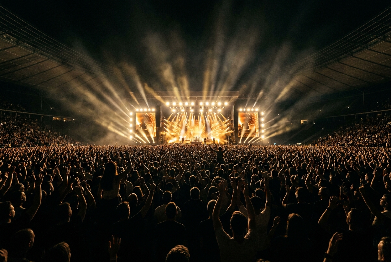 Silhouetted concert crowd waving hands in front of golden spotlights
