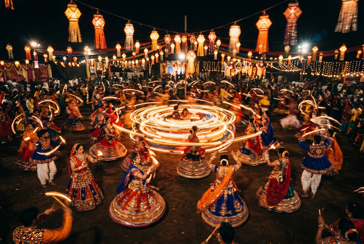 Traditional Gujarati Garba dancers in motion blur